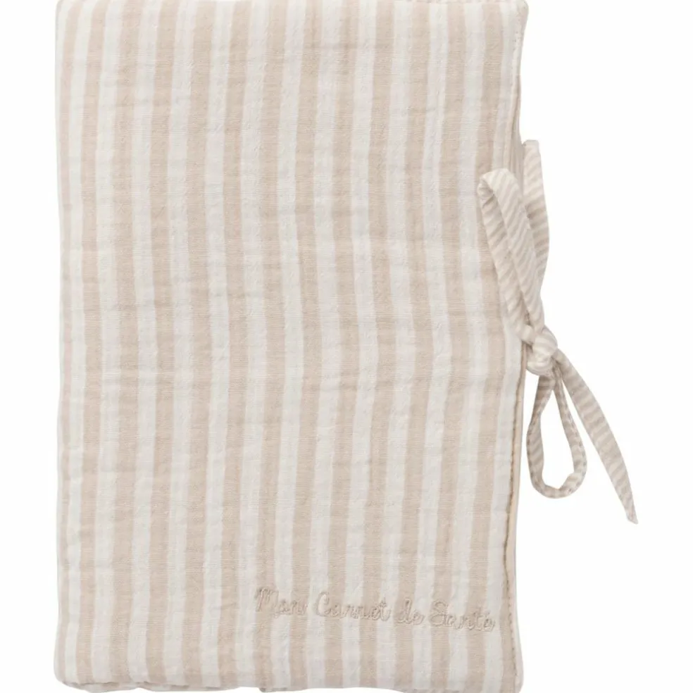 Protège-carnet de santé gaze de coton beige rayé galet