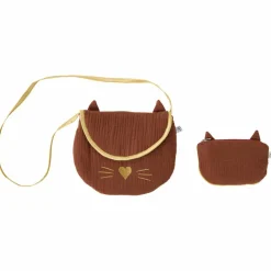 Sac bandoulière avec porte-monnaie Chat gaze de coton toffee et or