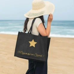 Sac cabas noir pour adulte en toile de jute (personnalisable)