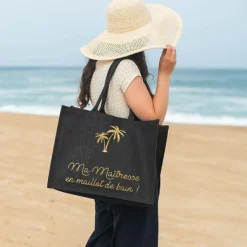 Sac cabas noir pour adulte en toile de jute (personnalisable)