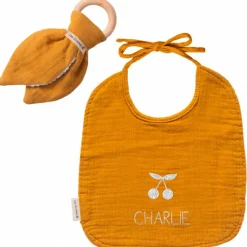 Set de naissance Bavoir et anneau de dentition Jaune moutarde (personnalisable)