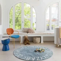 Tapis lavable rond ABC vintage bleu (150 cm)