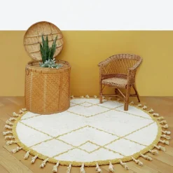 Tapis lavable rond Côme écru et mangue (120 cm)