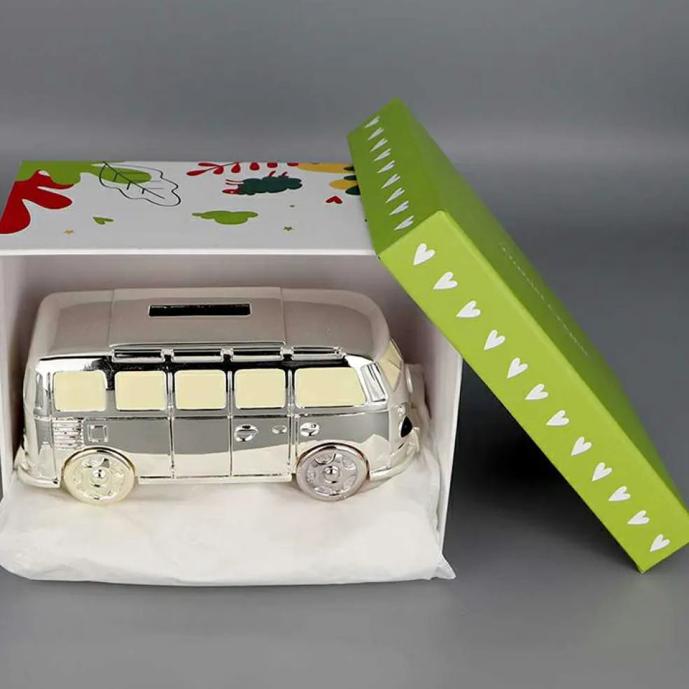 Tirelire Mini Van personnalisable (métal argenté)